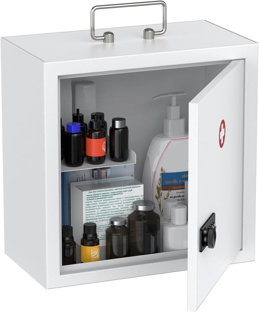 Uniclife Wall Mount Medicine Cabinet with Combination Lock & Handle Locking First Aid Cabinet Lockable Medical Cabinet Medium Medicine Organizer Secure Steel Wall Cabinet Metal Storage Box, White