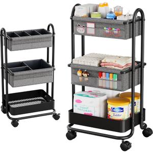 Baby Diaper Caddy Organizer Cart - 3 Tier Rolling Storage Cart with Wheels, Baby Essentials for Nursery Storage, Detachable Dividers - for Crib, Bedroom, Art & Craft Organizer (Black)