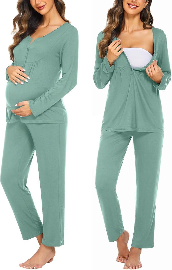 Ekouaer Maternity Nursing Pajama Sets Labor Delivery Pjs Long Sleeve Breastfeeding Pajamas Pregnancy Sleepwear Set (Medium, Aqua)