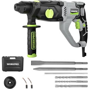 WORKPRO Premium 1-1/4 Inch SDS-Plus Rotary Hammer Drill, 7.5AMP, Lightweight Corded Version for Concrete Demolition Chipping Rotomartillo, 5 SDS-Plus Bits