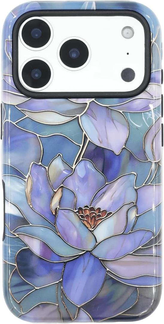 For iPhone 17 Pro Case, Hybrid Dual-Layer Soft Silicone and Hard Shell Durable Shockproof Phone Cover with Wildflower Design, Abstract Lotus