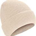 ZOORON 1&2 Unisex Thick Knitted Beanie for Men Women Cuffed Plain Hat Winter Slouchy Ski Beanies (Beige)
