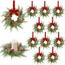 12 Pcs Mini Christmas Cabinets Wreath for Kitchen Small Christmas Ceder Candle Rings Wreaths Artificial Norfolk Pine Red Berry Garland Hanging Ornament Farmhouse Wreath for Holiday Xmas Party Decor