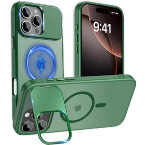 Cufelf Magnetic for iPhone 16 Pro Case(Compatible with Magsafe)(Built-in Invisible Kickstand) Military Drop Protection,Anti-Fingerprint,Anti-Scratch,Matte Translucent Phone Cover,6.3",Green
