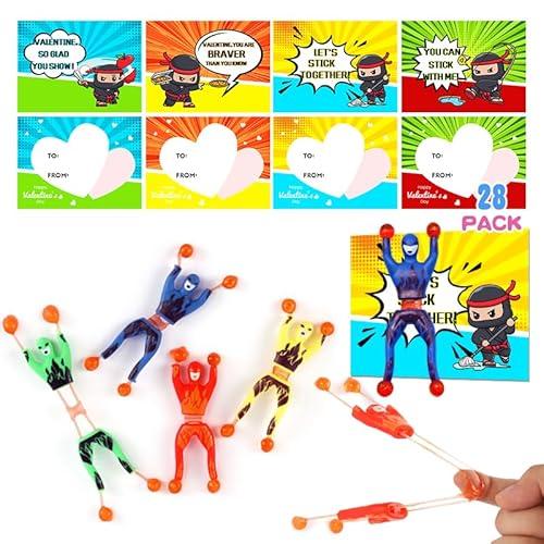 REJODA 28 Packs Valentines Day Sticky Wall Climbing Men Ninja with Gifts Cards Set for Boys, Stress Relief Toys for Kids Party Favor, Classroom Exchange Prizes, Valentine Greeting Cards