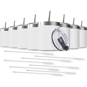 8 Pack 12 Oz Stainless Steel Skinny Tumbler with Splash Proof Lid, Vacuum Insulated Double Wall Thermal Cup, Outdoor Unbreakable Travel Slim Bottle for Hot Cold Drinks (White)