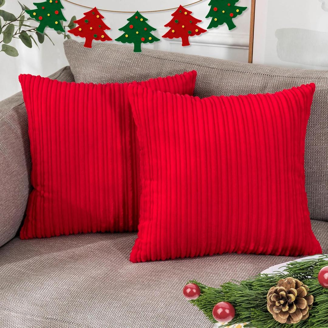 UGASA Corduroy Striped Soft Decorative Throw Pillow Covers Soild Square Set Cushion Cases Christmas Decor Pillowcases for Sofa Bedroom, 2 Pcs, 16x16inch, Red