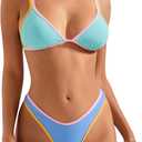 SUUKSESS Women Cheeky Thong String 2 Piece Bikini Sets Sexy High Waist Swimsuit (Medium, 79 Blue Color Block)