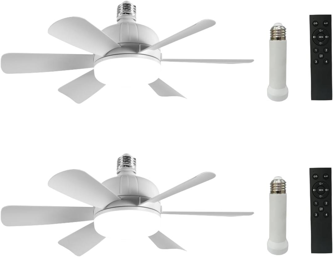 2Pack Socket Fan Light, LED Socket Ceiling Fans with Lights and Remote, 18 Inch Low Profile Screw in Ceiling Fan Light, Dimmable 3000-6500K Fan Light Bulb for Bedroom, Kitchen, Laundry Room, Garage, 2pack 6 Blades Socket Fan Light White