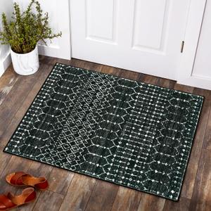 Lahome Moroccan Entry Rug 2x3, Non-Slip Washable Front Door Mat Indoor Rubber Backing Low-Profile Door Rugs, Small Geometric Print Distressed Inside Welcome Mats for Entryway Bathroom Kitchen, Black
