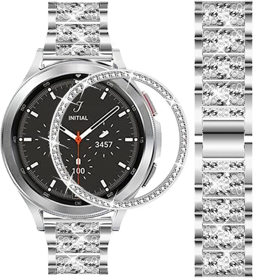 Bands Compatible with Samsung Galaxy Watch 4 Classic 46mm, Jewelry Bling Rhinestone Diamonds Metal Bracelet with Bezel Ring Cover Watch Fase Replacement Accessories for Women Men. (Silver.)
