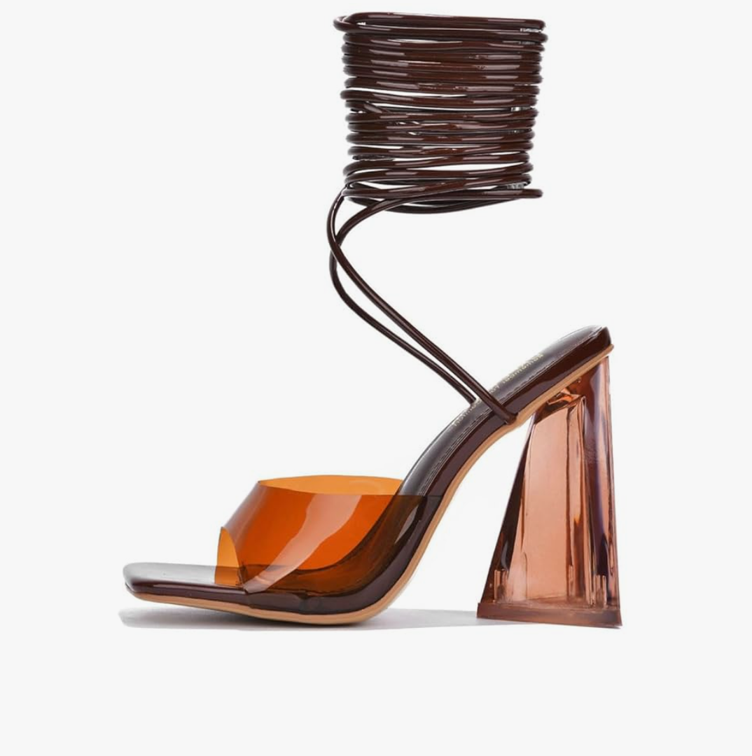 Cape Robbin Women's Lace-Up Strappy Heeled Sandals - Square Open Toe High Heels for Party, Wedding, Dress Shoes - Elegant Transparent Design (Swag), 7