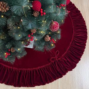 60-Inch Ruffled Velvet Christmas Tree Skirt with Foam Padding, Nylon Backing and Lace-Up Tie Closure, Burgundy