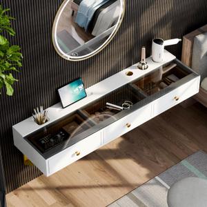 IEO 47" Floating Vanity Makeup Table,Wall Mounted Desk with 3 Drawers Storage,Hanging Floating Small Space Vanity Table for Bedroom, Dressing Room,Warm White