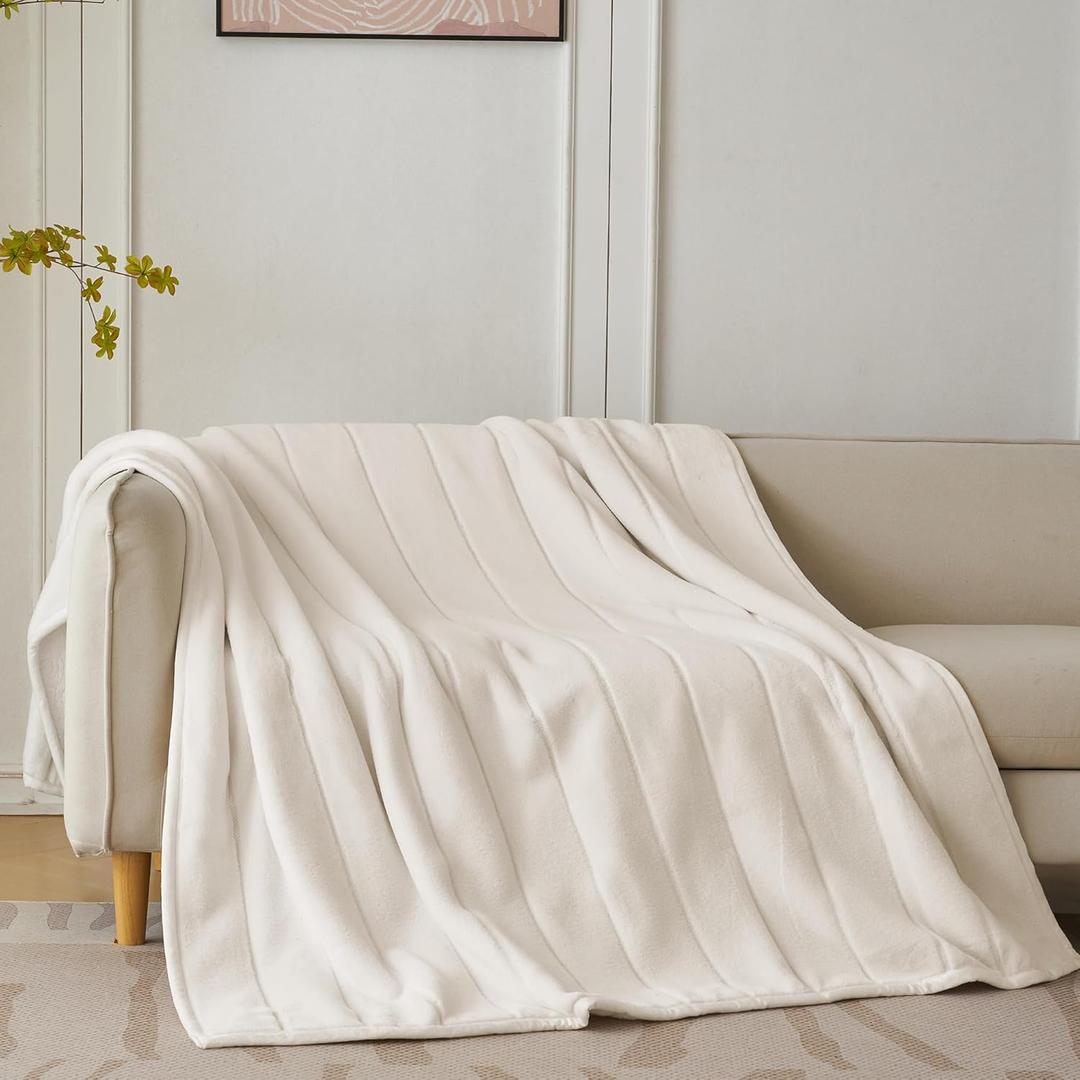 Faux Fur Quilt Twin Blanket for Couch, 480GSM Fuzzy Soft and Warm Coverlet Light Weight Quilted Blanket for Sofa, Chair, Bed, Bedroom, 60x80 Inches,Ivory Stripe