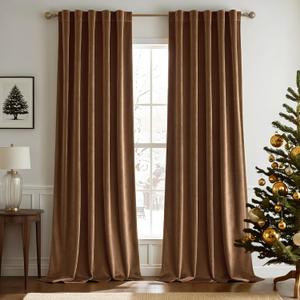 Woaboy Back Tab & Rod Pocket Velvet Curtains 90 Inches Long 2 Panels Set, Brown Classical Thermal Insulated Light Blocking Window Drapes for Bedroom Living Room Nursery Privacy, W52 x L90