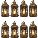 LLQ Mini Lantern with LED Candle, 12PCS Small Lanterns Decorative Indoor, Vintage Moroccan Lantern for Ramadan Decorations, Hanging Decor for Wedding Christmas, Table Centerpiece, Brushed Brass