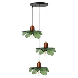 Qepeety Mid Century Chandeliers 3-Light Green Glass Hanging Pendant Lamp Art Decoration Light Fixtures Walnut Wood Black Vintage Chandelier for Dining Room, Living Room, Bedroom