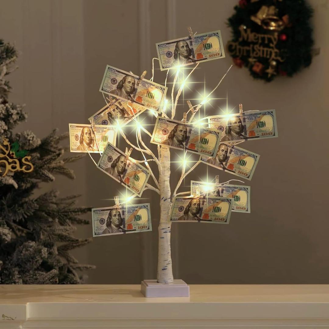 Money Tree Gift Card Holder 24 LED Birch Tree Lamp Battery/USB Powered Light Up White Trees Gift Card Holder with 22 Clear Clips for Money Photo Birthday Graduation