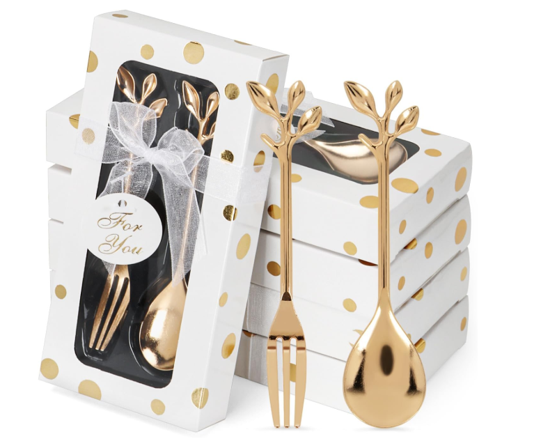 32 Pcs (16 Packs) Tea Party Favors  Perfect Souvenir for Any Occasion, Includes 16 Teaspoons with 16 Forks for Wedding, Bridal & Baby Shower Gifts for Guests (Leaf)