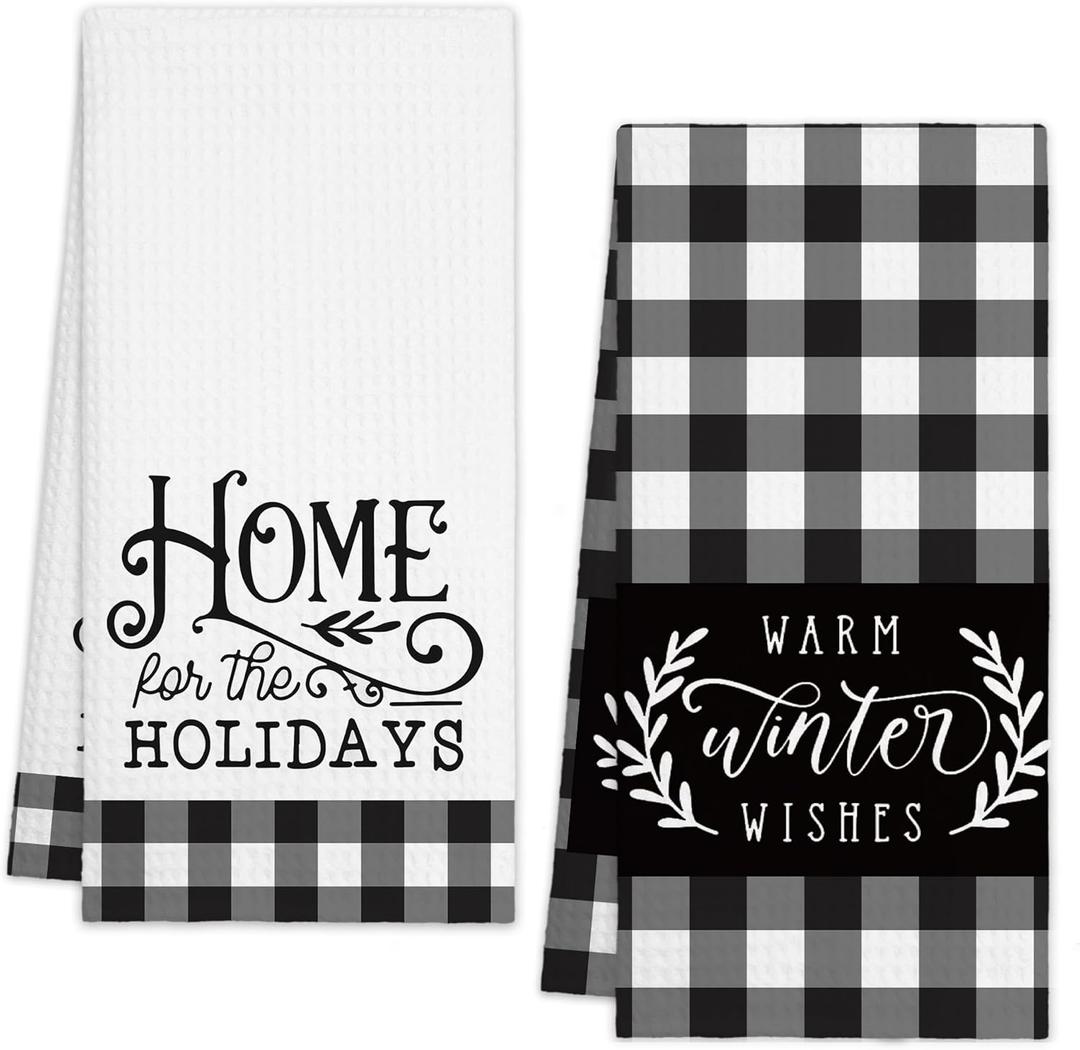 2 x 2 Pcs Christmas Kitchen Towels, Winter Christmas Hand Towels Classic Hand Towels-Black White Buffalo Plaid, Holiday Decor Farmhouse Home Kitchen Bathroom, Party Supplies Housewarming Xmas Gift-A20