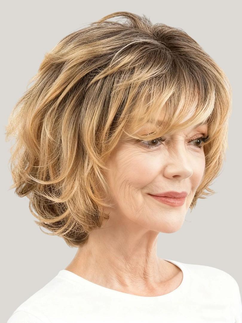 Ombre Honey Blonde Highlight Wig with Bangs Bob Wigs for White Women, Layered Short Wavy Haircuts Wigs for Women with Thin Hair/Grey Hair Covery Natural Synthetic Wig Daily Party Use