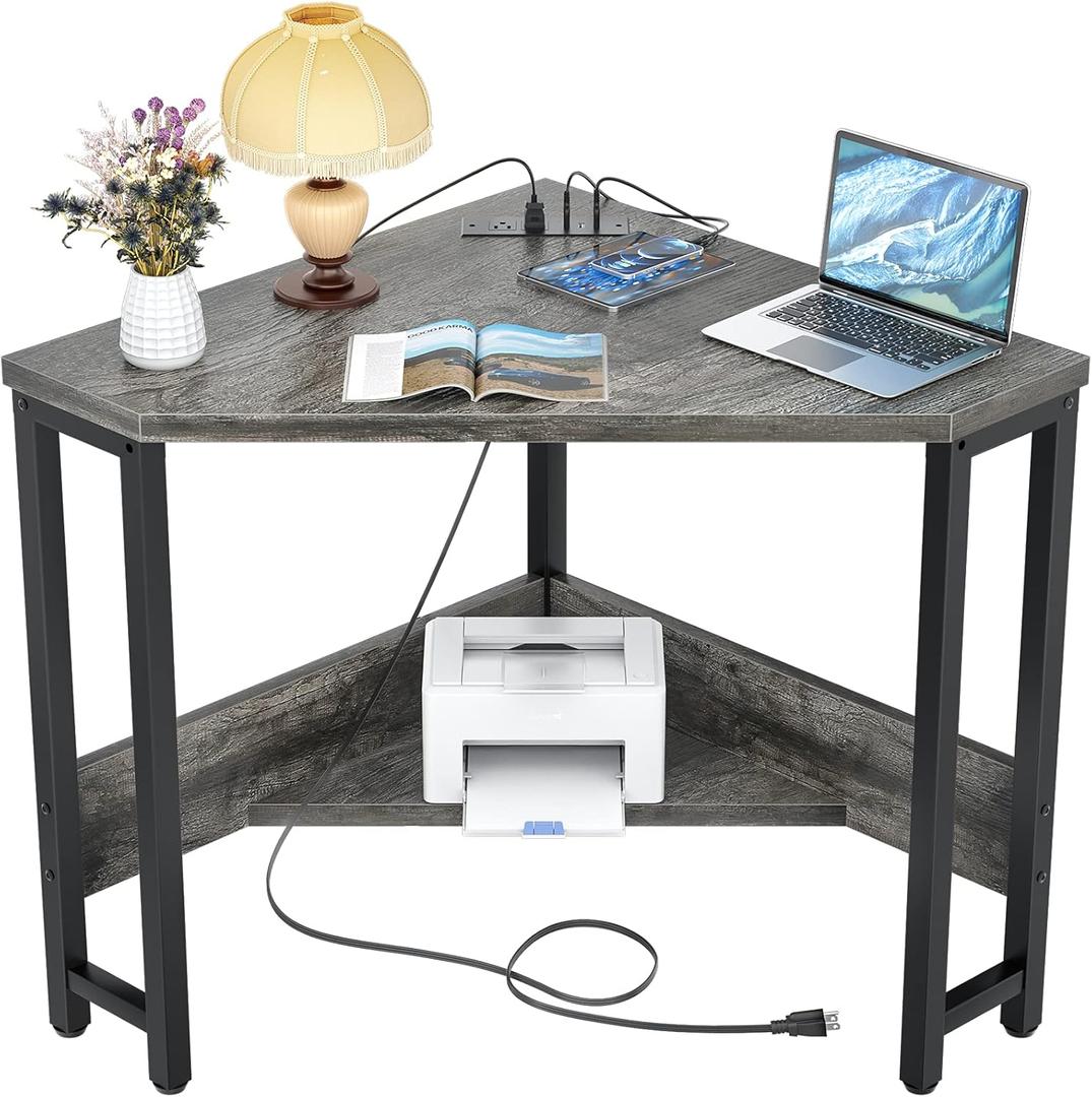 Armocity Corner Desk Small Desk with Outlets Corner Table for Small Space, Computer Desk with USB Ports Triangle Desk with Storage for Home Office, Workstation, Living Room, Bedroom, Oak