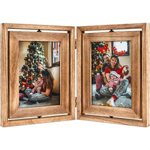 5x7 Picture Frame Rustic Wood Hinged Folding Double Photo Frame, Double Sided Display Rotatable High Definition Glass Collage Picture Frames Vertically on TableTop (Carbonized Black)