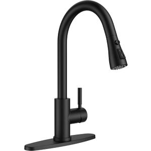 QFN Black Kitchen Faucet with Pull Down Sprayer, High Arc Single Handle Single Level Stainless Steel Pull Out Sink Faucet for Farmouse Camper RV Bar, Fit for 1 or 3 Hole