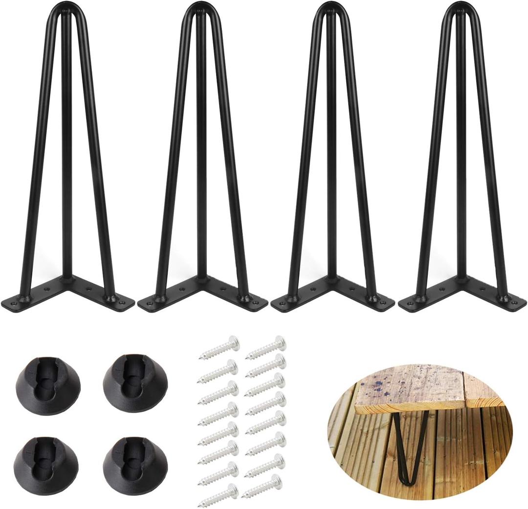 10 Inch Hairpin Table Legs 1/2 Dia 3-Rods Hairpin Feet, DIY Black Coffee Table Legs Heavy Duty Metal Furniture Feet for TV Stand, Bench and Nightstand, Set of 4