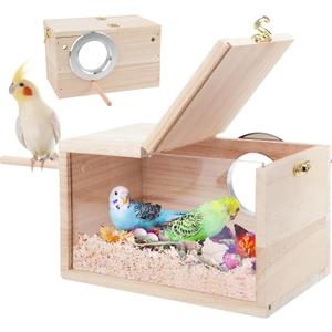 Rypet Parakeet Nesting Box Transparent Design, Thwartwise Bird Nest Breeding Box with Perch Wood Bird Cage House for Cockatiel Lovebirds Budgie Finch Parrotlets Canary S
