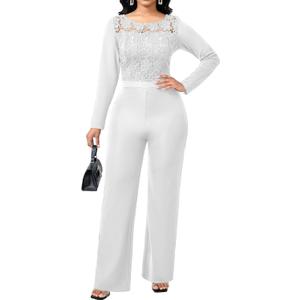 sexycherry Formal Jumpsuit for Women Dressy Wedding Guest Elegant Long Sleeve Long Straight Pants Cocktail Party Rompers (Lace/White)