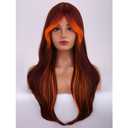 MAGQOO Brown Orange Ombre Wig with Curtain Bangs Long Wavy Brown Orange Wig for Women Synthetic Heat Resistant Daily Party Use