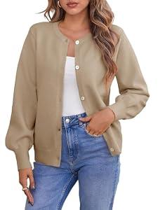 Saodimallsu Womens Button Down Cardigan Sweaters Crew Neck Long Sleeve Open Front Loose Fall Soft Knit Sweater Coats Khaki, XL