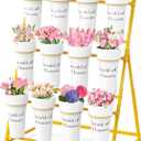 Flower Display Stand with 12 Buckets, Metal Flower Cart with Wheels 3 Layers Gold Flower Bar Stand Moving Florist Bouquet Shelf for Party Weddings Ceremony Garden Indoor Outdoor Patio Decor (35.43" x 21.65" x 47.24"(LxWxH))