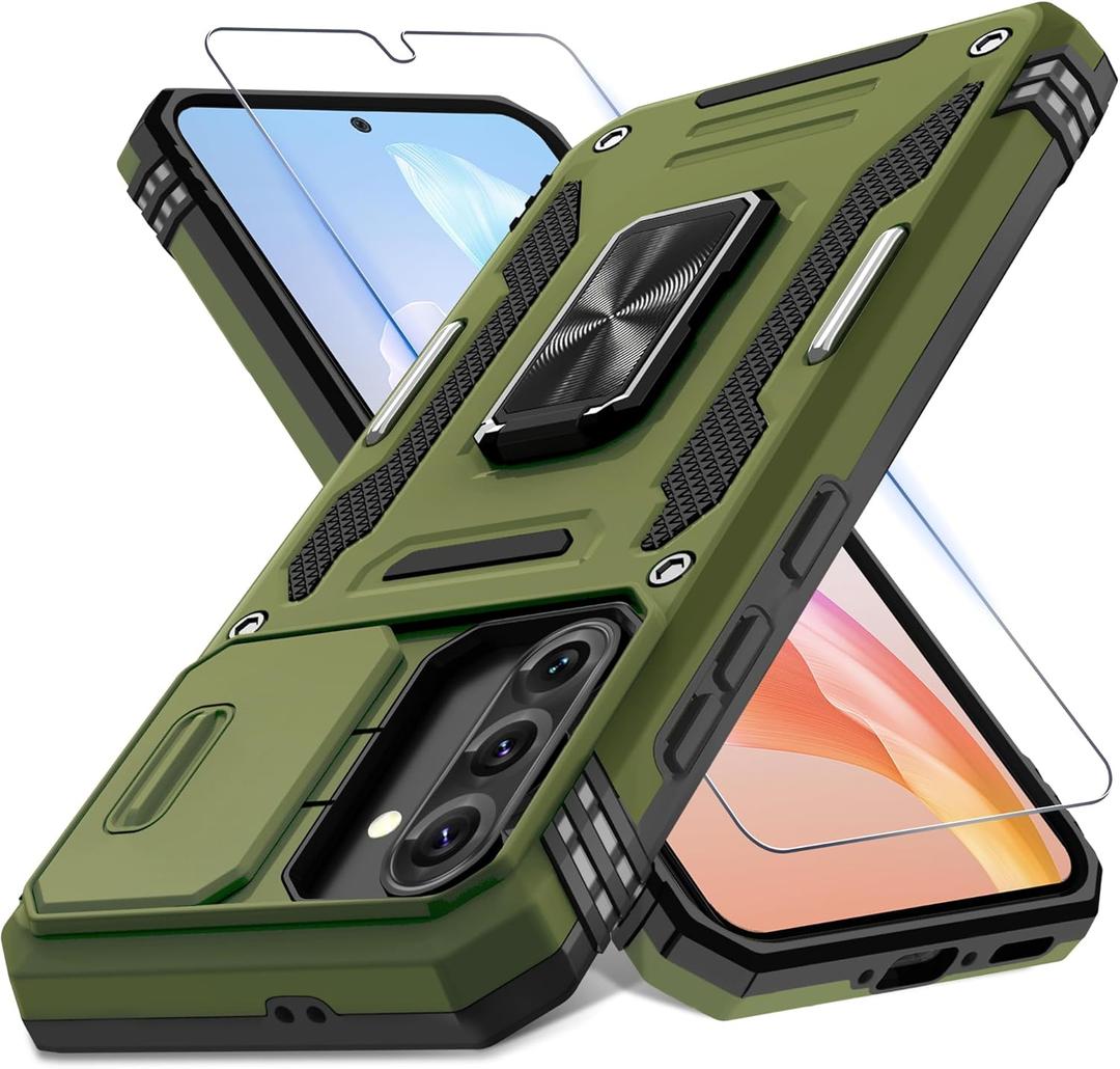 DEERLAMN Case for Samsung Galaxy A36 5G,Galaxy A56 Case with Slide Camera Cover+Screen Protector, Rotated Ring Kickstand Military Grade Shockproof Protective Cover-Olive Green