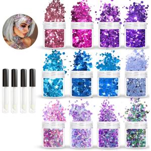 Allstarry Holographic Chunky Body Glitter 12 Colors Cosmetic Face Glitter Makeup Colorful Mermaid Sequins Hair Face Paint Sparkling Festival Outfits Rave Accessories for Women Makeup