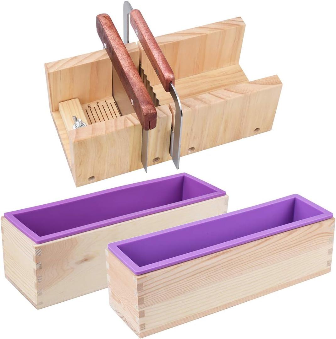 Loaf Soap Making Cutting Kit,Silicone Soap Making Liner Adjustable Wood Box with Stainless Steel Wavy+Straight Cutter for DIY Soap Making (Style2)