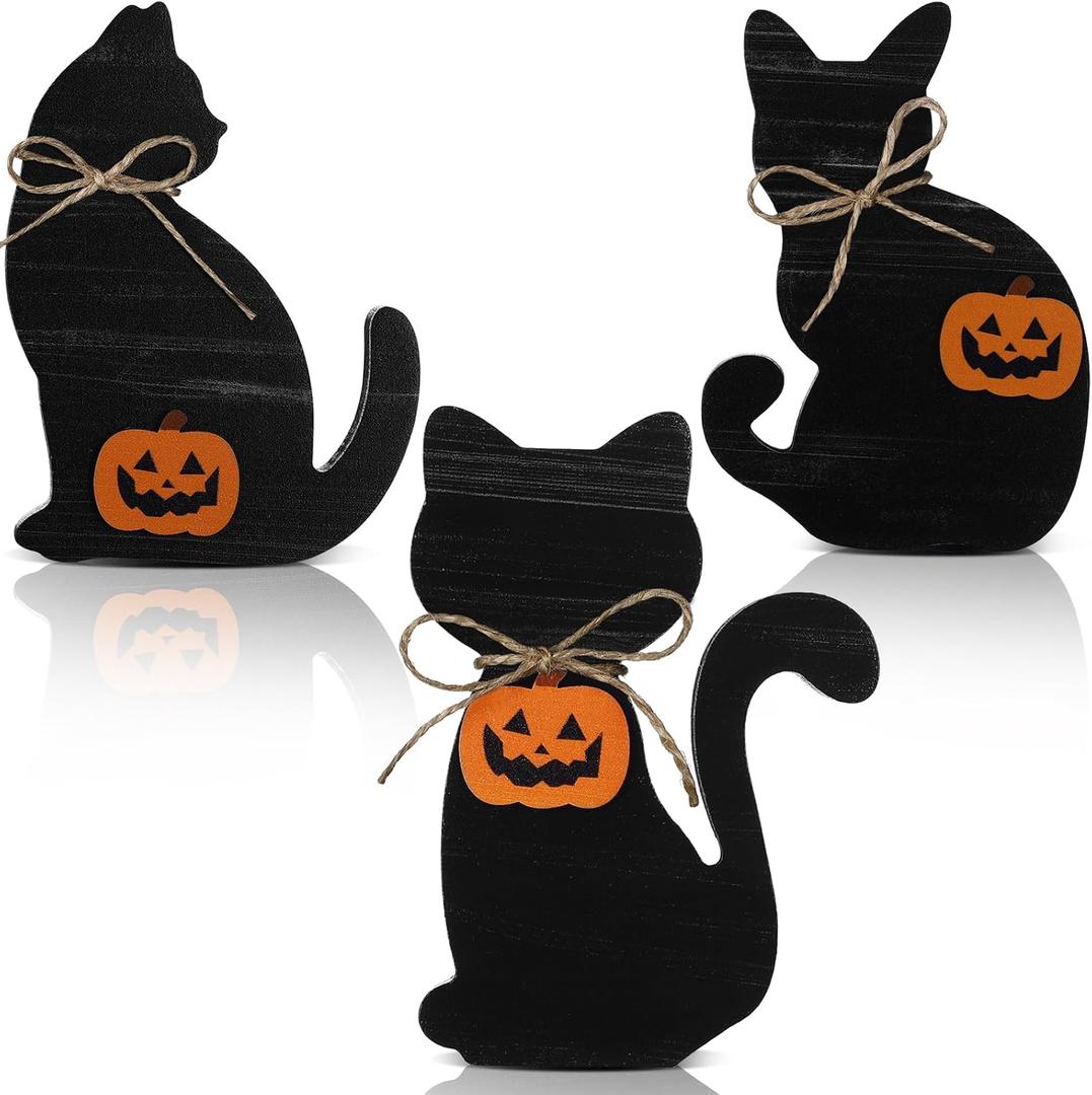 Redbaker 3 Pcs Halloween Decorations Indoor Vintage Black Cat Table Decor Retro Black Cat Wooden Block Sign Rustic Farmhouse Halloween Tiered Tray Decor for Tabletop Home Mantel Shelf Party Supplies