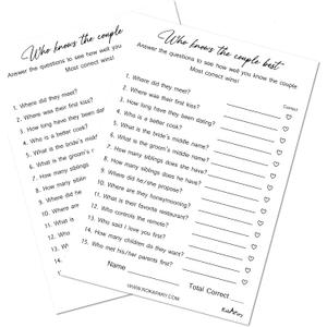 RokAPary Modern Minimalist Who Knows The Couple Best, Wedding, Bridal Shower, Bachelorette or Engagement Party Game, Couples Guessing Play Pack of 50 Cards 5x7 Made in USA