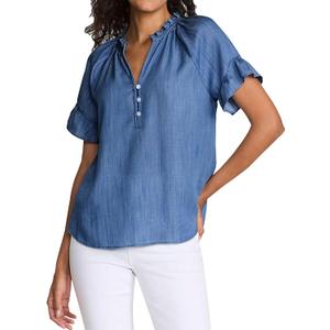 Womens Short Sleeve Ruffle Blouse V Neckline Ruffled Collar Shirt Casual Blue Top (Blue, L)