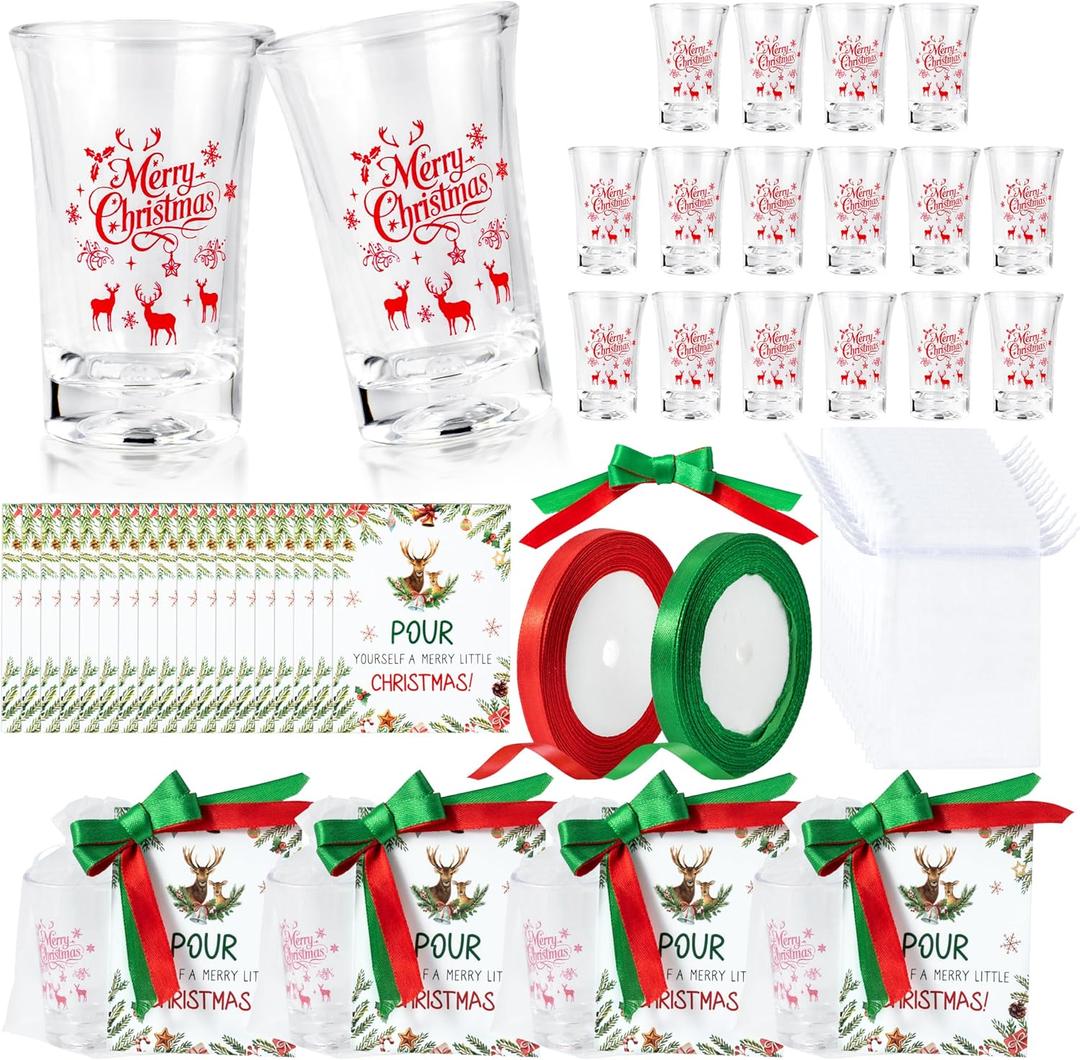 R HORSE Christmas Party Favors Bulk  18 Set 1.2 Oz Acrylic Merry Christmas Shot Glasses Set with Cards, Festive Ribbons and Gift Bags for Xmas Holiday Party Gifts for Friends Family Stocking Stuffers