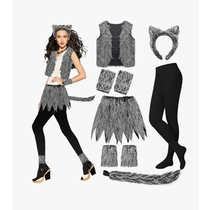 Hyuetrsa7Pcs Wolf Cosplay Costume Set Wolf Ear and Tail Costume Includes Tops Skirts Gloves Stockings and Leg Warmer for Women Men, for Halloween Werewolf Accessories Cosplay Costumes