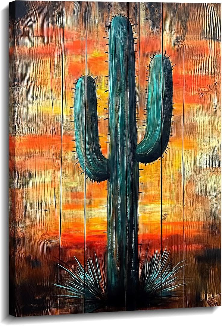 Cactus Wall Art Saguaro Picture Southwestern Art Arizona Desert Sunset Painting Wood Background Poster Succulent Boho Canvas Prints Living Room Wall Decor Framed (Cactus-13,16.00"x24.00") 24"L x 16"W