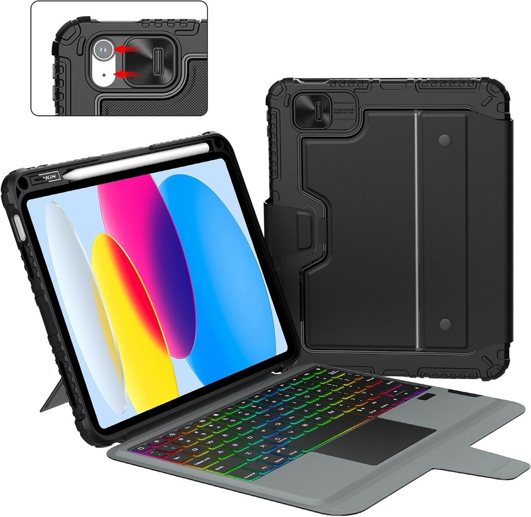 Nillkin Protective iPad A16 11th 10th Gen Case with Keyboard, Portrait/Landscape Modes, Detachable Backlit Keyboard with Larger Trackpad, Camera Cover& Pencil Holder for iPad 11th 2025/10th 2022 10.9"