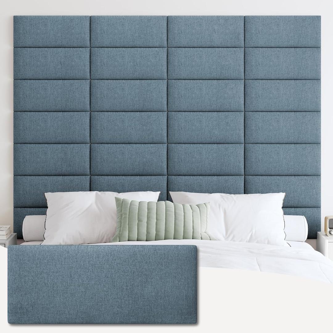 IFNOW Upholstered Wall Mounted Peel and Stick King Size Headboard, Soundproof 3D Wall Panels, Reusable and Removable Tufted Bed Headboard in Dusty Blue (12 Panels, 10" x 24")