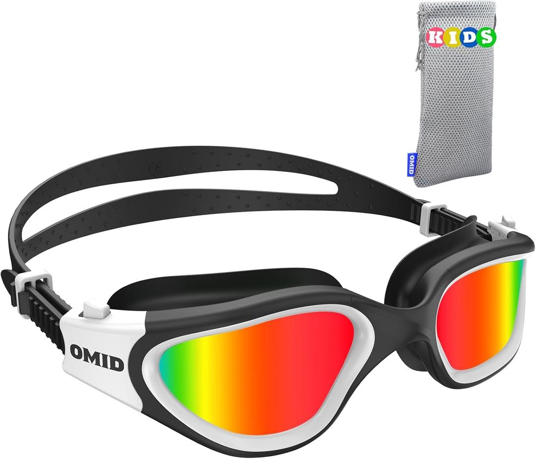 OMID Kids Swim Goggles, P2mini Polarized Swimming Goggles Comfortable for Age 6-14 (A6-mirrored Red Lens Blackwhite Frame)