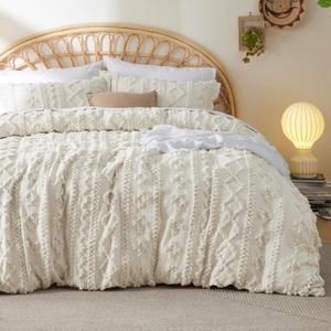 Bedsure Boho Duvet Cover King Size - Tufted King Duvet Cover Set for All Seasons, 3 Pieces Soft Shabby Chic Embroidery Boho Bedding, Comforter Not Included (Beige, 104" x 90")