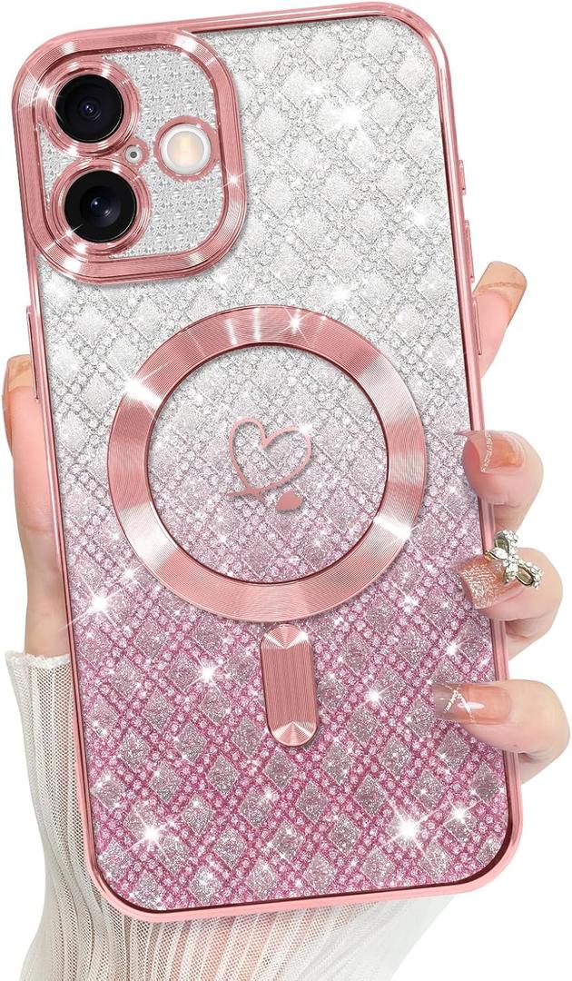 Bonoma Compatible with iPhone 16 Plus Case Support for MagSafe, Plating Heart Glitter Magnetic Checkered Case TPU Camera Protection Back Cover for Girls Women -Pink