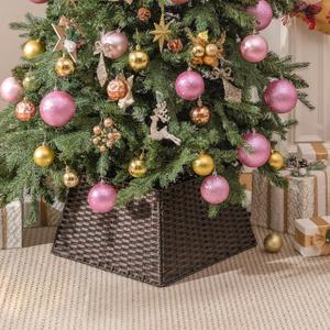 GRANNY SAYS 22" D Wicker Christmas Tree Collar for Pencil Trees, Woven Basket Tree Skirt Collar Stand for 4-7.5 ft Artificial Trees, Rustic Bottom Christmas Tree Base Cover for Decorations, Brown